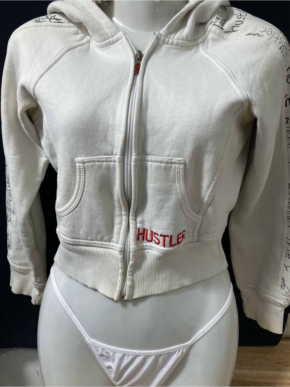 Hustler Cropped Zip Hoodie White Graphic Y2K McBling Size XS